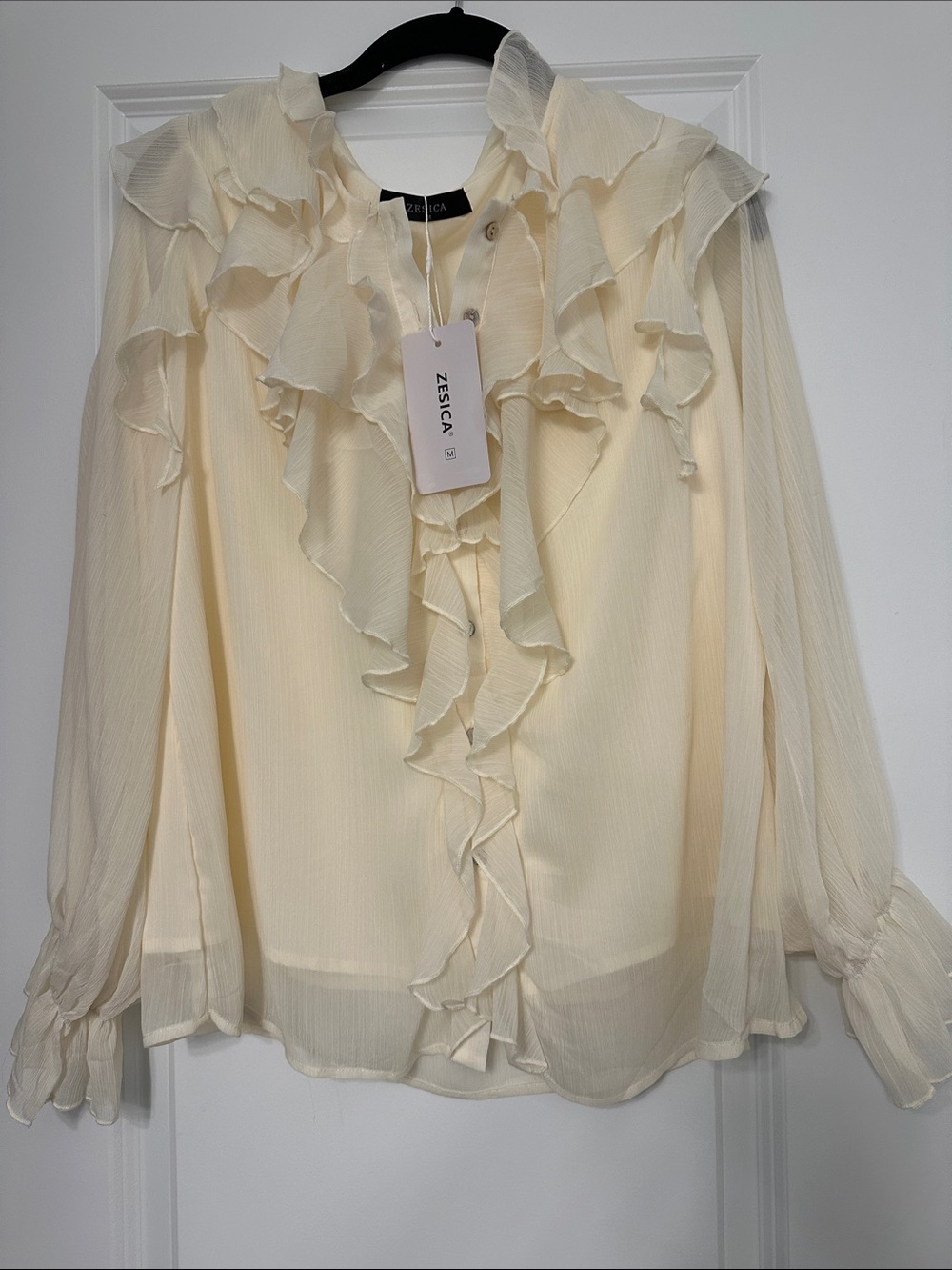 Cream Ruffle Long-Sleeve Blouse